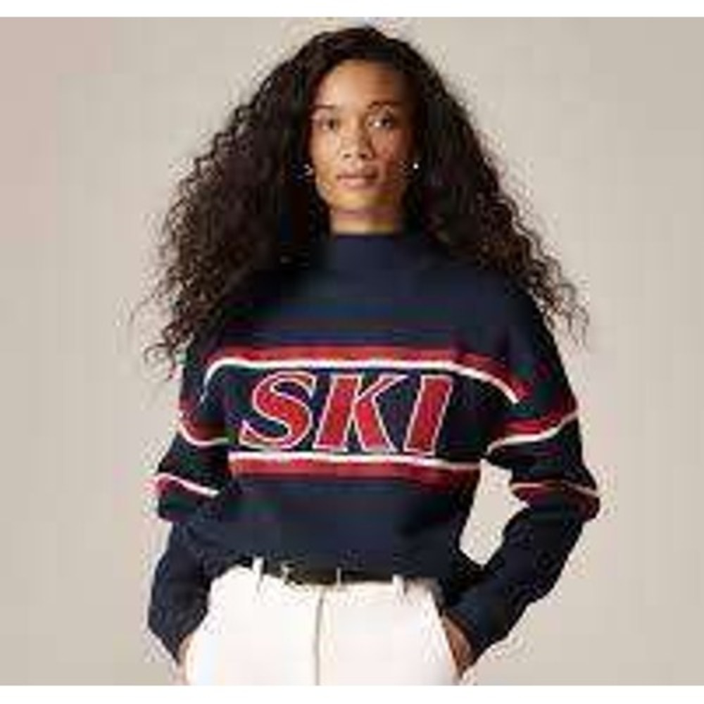 J.Crew Womens Sz Small Sweatshirt Navy Red Heritage Fleece Ski Graphic Pullover